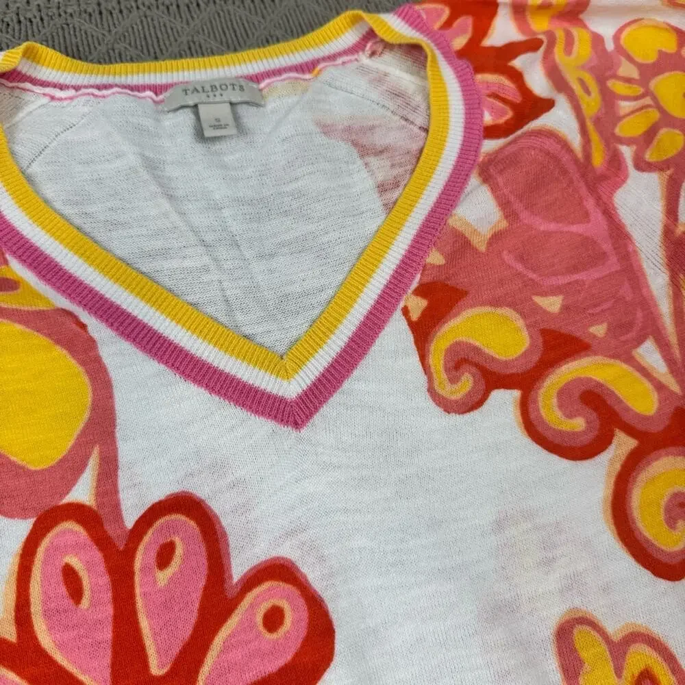Talbots Floral V-Neck Sweater - Pink and Yellow Mod ~ Small